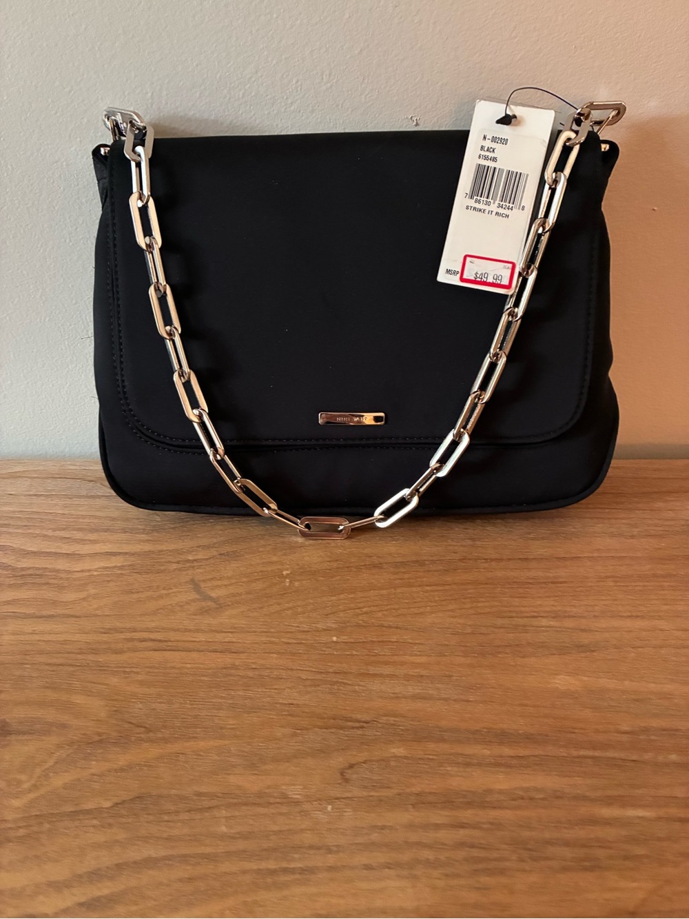 Nine West Black Shoulder Bag with Silver Chain Strap and Plaque